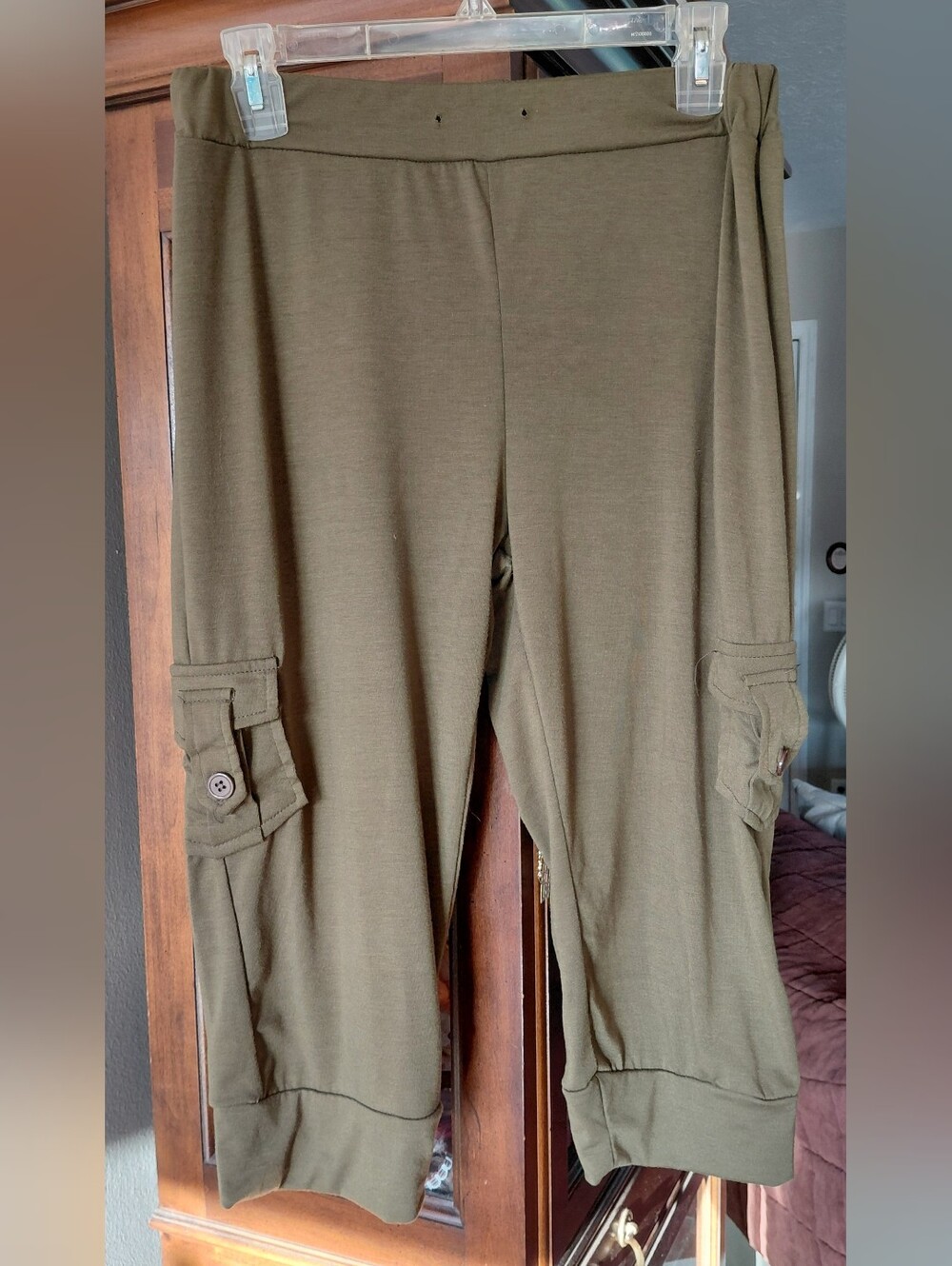 Olive Green Cargo Capri Pants - Women's Comfortable Pull-On Style